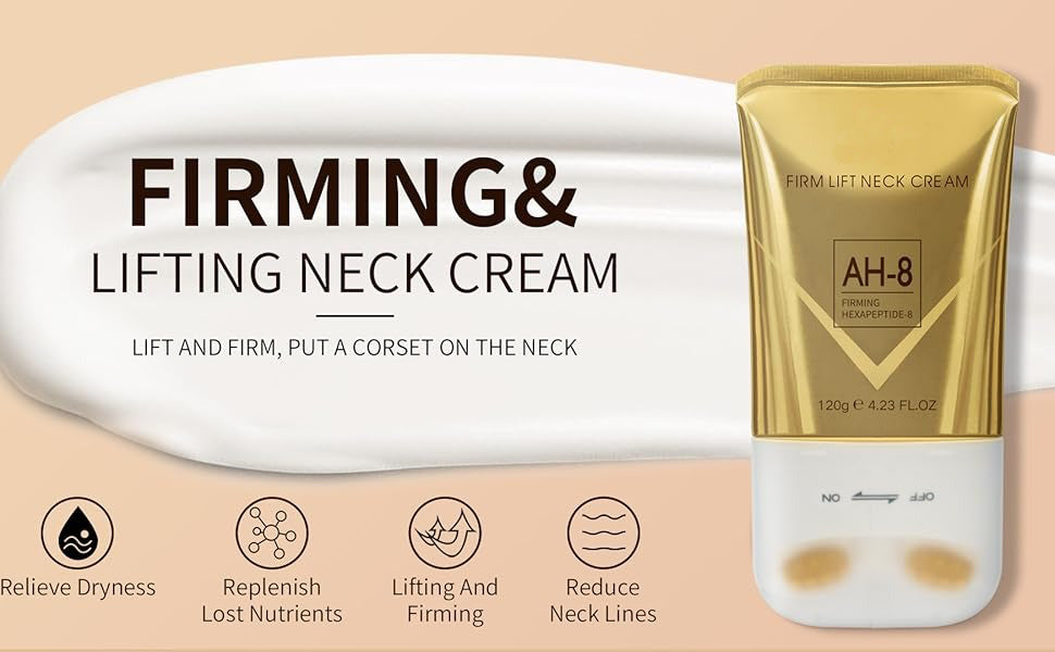 Gold and white neck cream packaging with text on a beige background