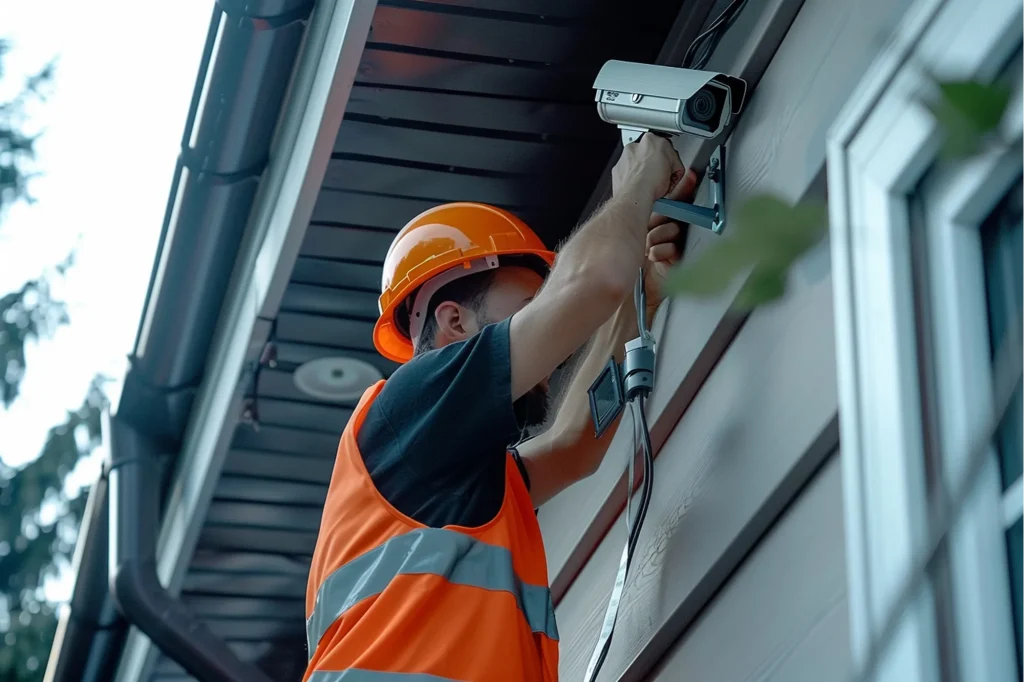 worker is fixing window with camera his hand